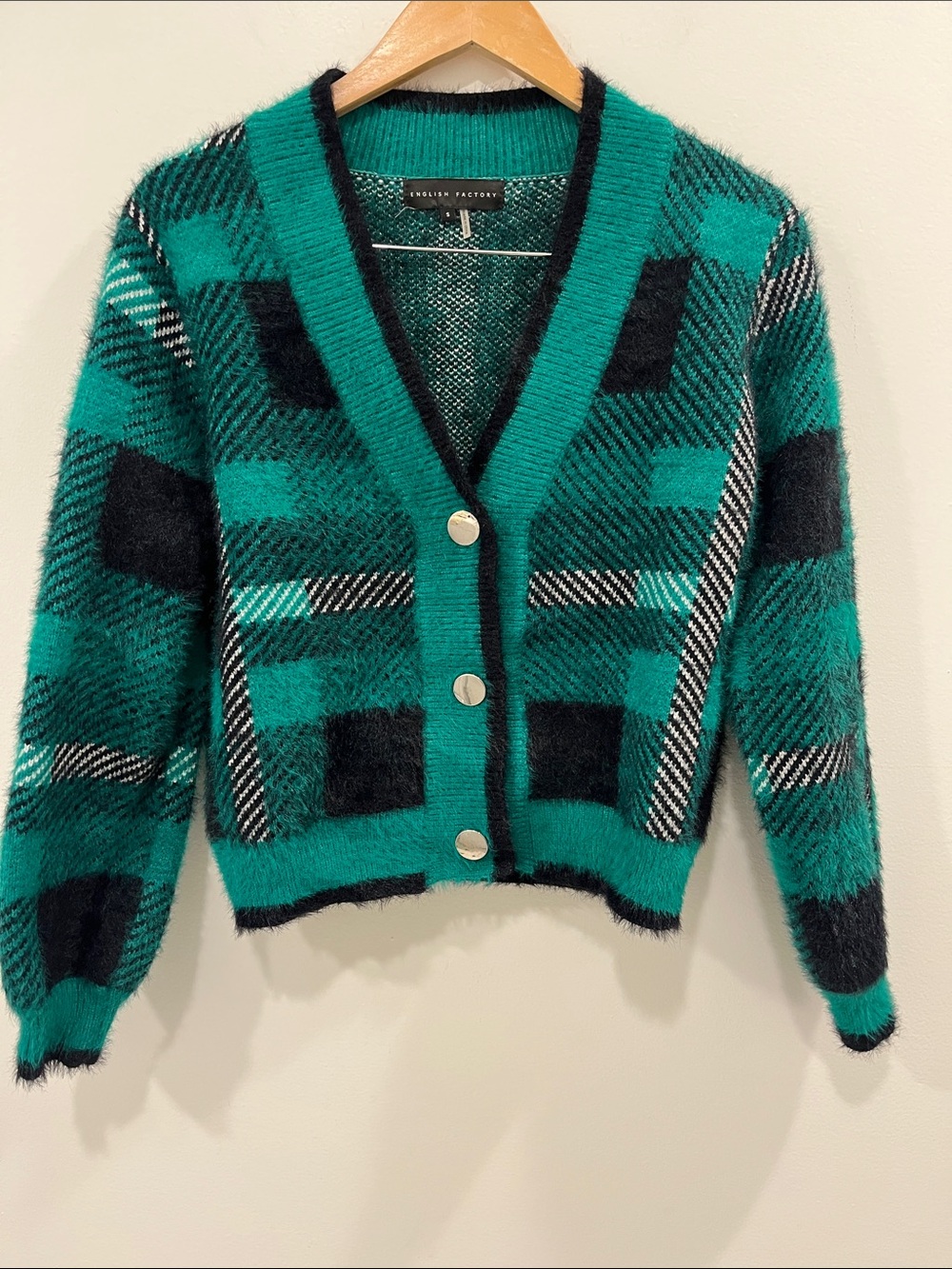 English Factory Taylor Plaid Fuzzy Knit Cardigan - Picture 6 of 8
